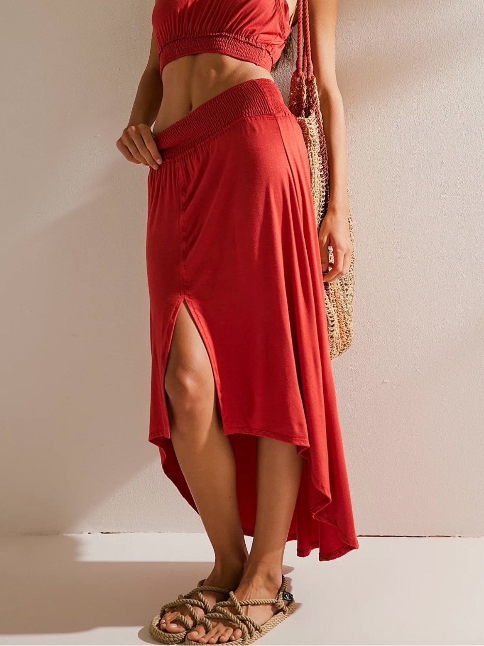 Free People Morningside Maxi Skirt Large Coral Smocked High Low Slit Boho Earthy